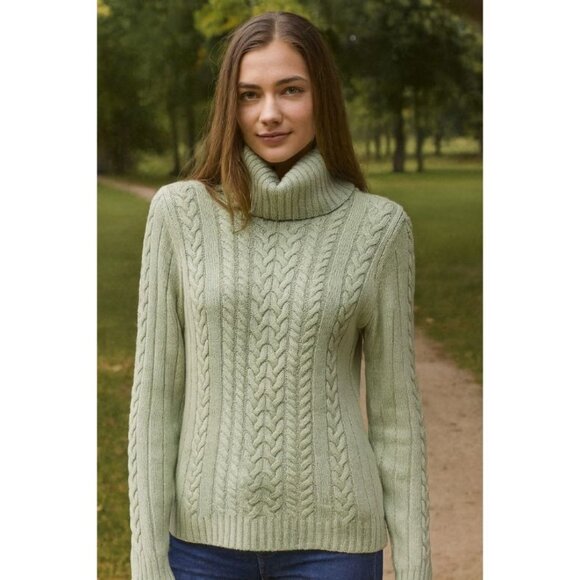 Ellen Tracy Cable Knit Turtleneck Sweater Womens M 80s Merino Wool Silk Seafoam - Picture 1 of 14